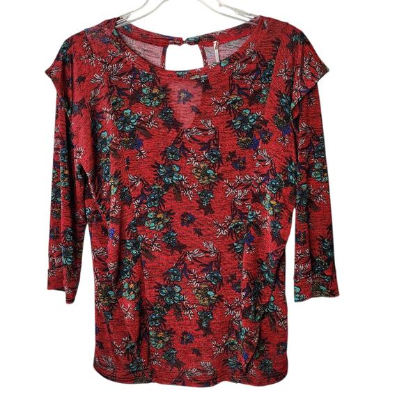 Free People Dock Street Deep Red Floral Print Ruffle Top Size Medium - Picture 1 of 8